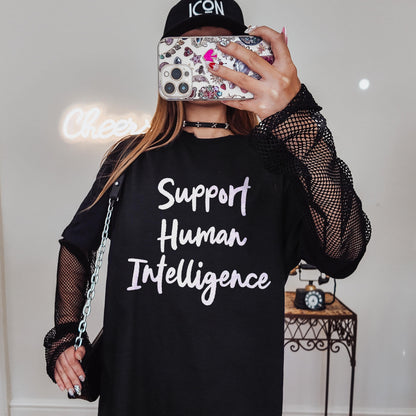 Black t-shirt with &amp;quot;Support Human Intelligence&amp;quot; text, mesh sleeves, and a handbag.