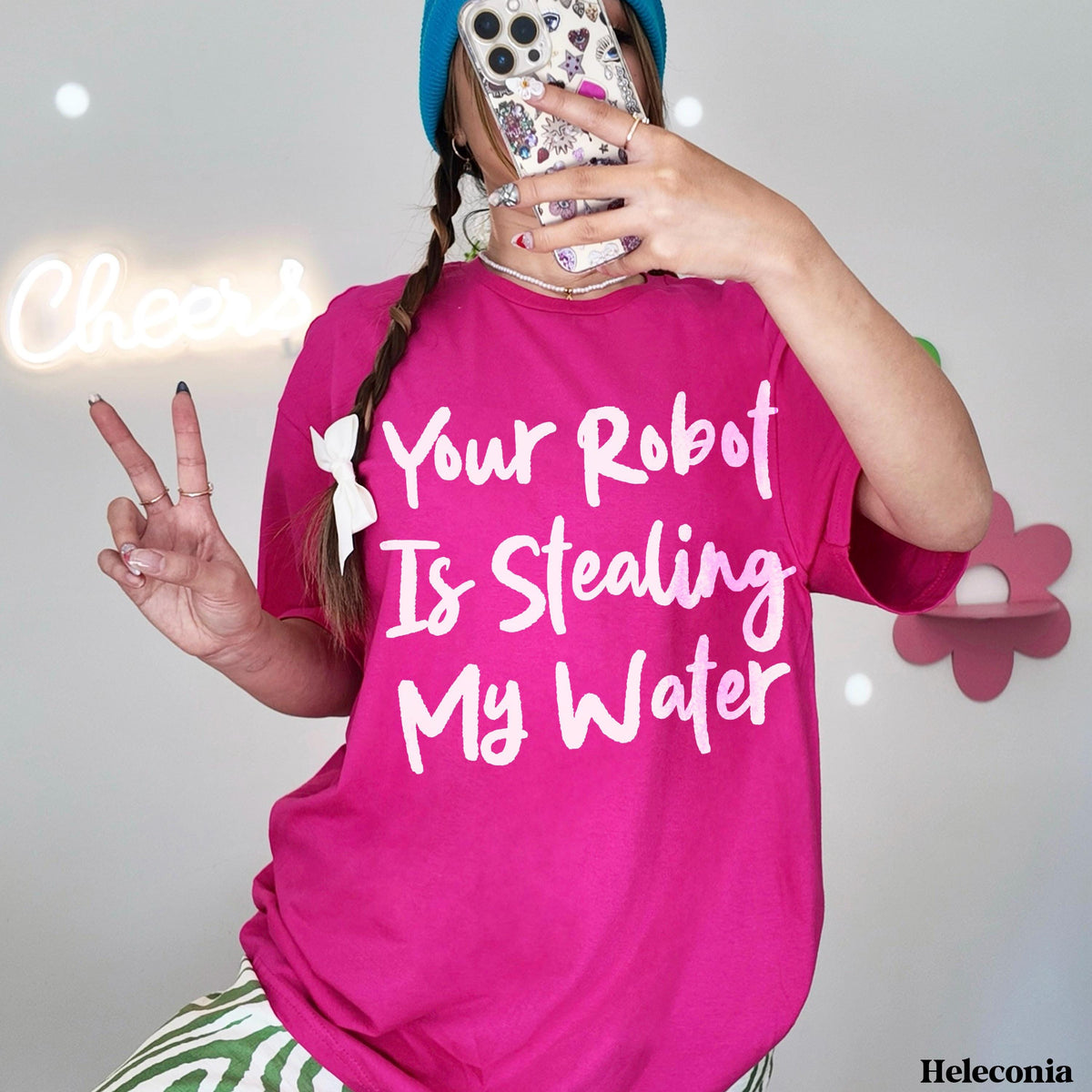 Pink t-shirt with white text &amp;quot;Your Robot Is Stealing My Water&amp;quot;