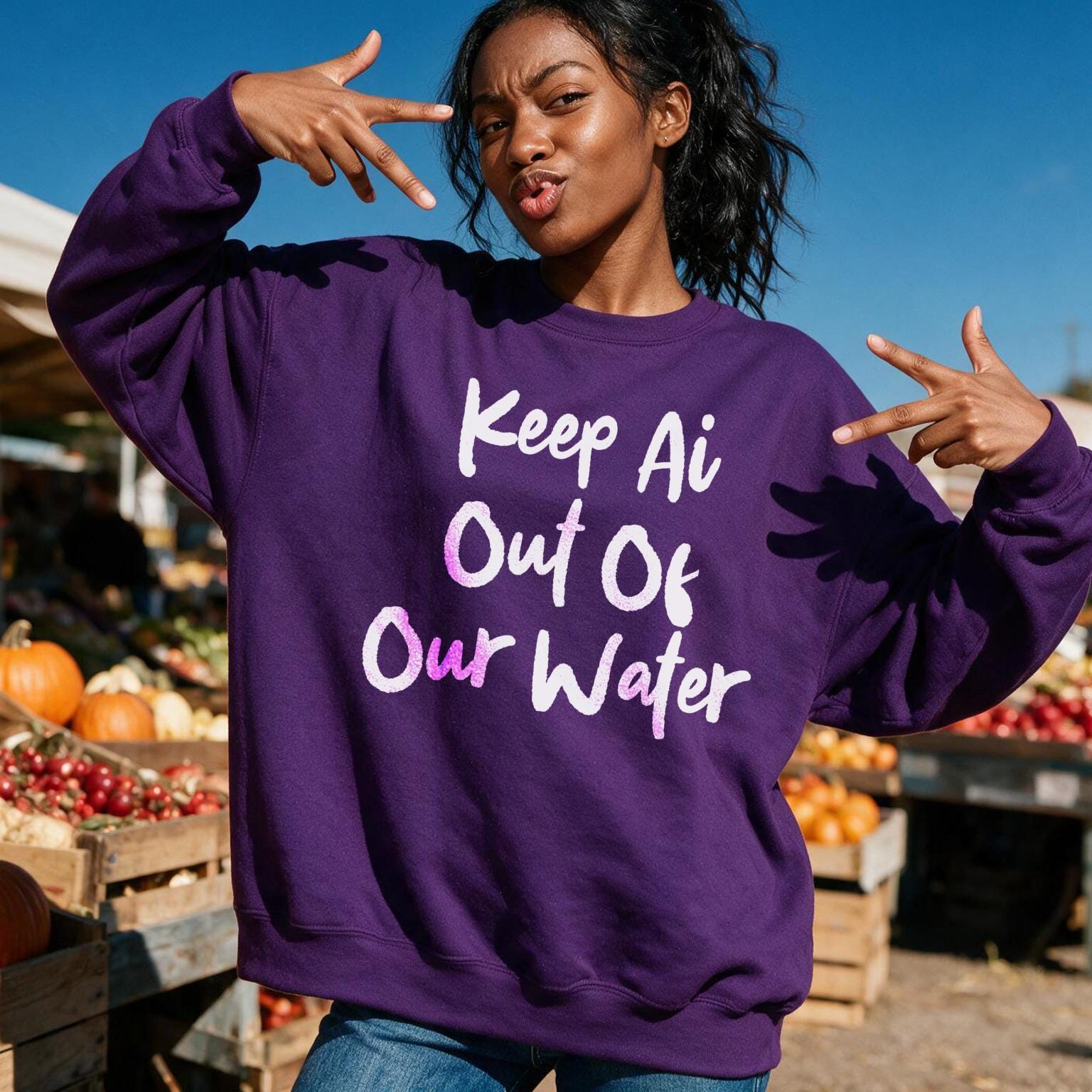 Woman in purple sweatshirt with &amp;quot;Keep Ai Out Of Our Water&amp;quot; text.