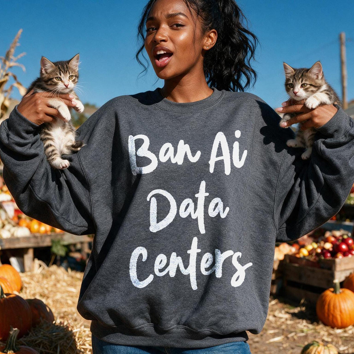 Woman in dark grey sweatshirt with &amp;quot;Ban Ai Data Centers&amp;quot; text, holding two kittens.