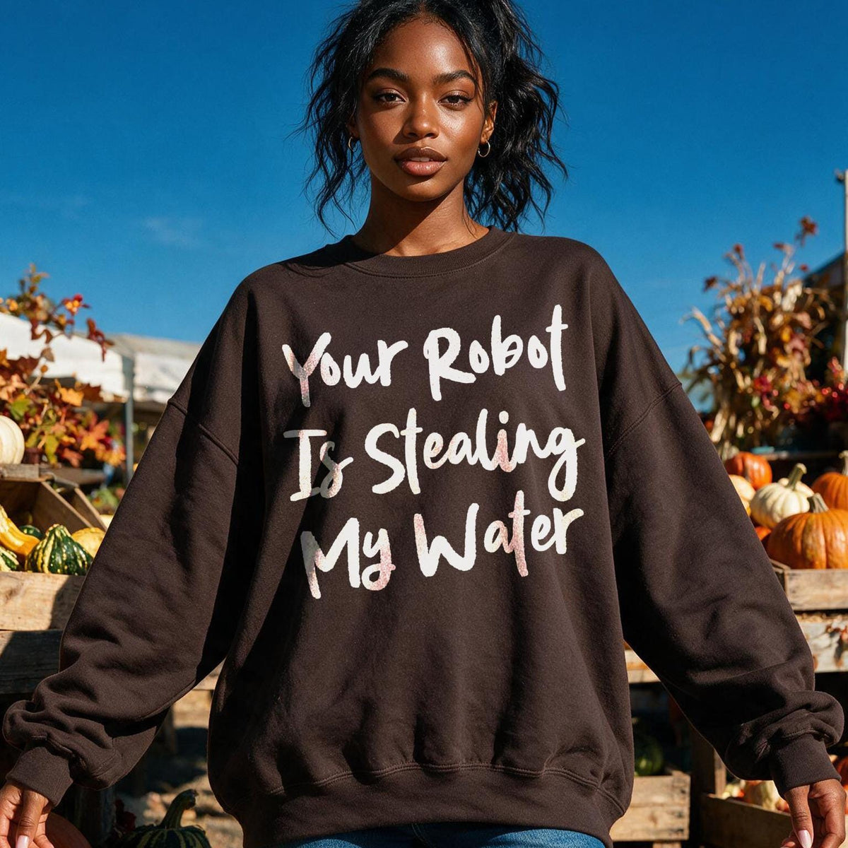 Brown sweatshirt with &amp;quot;Your Robot Is Stealing My Water&amp;quot; graphic and pumpkins backdrop.