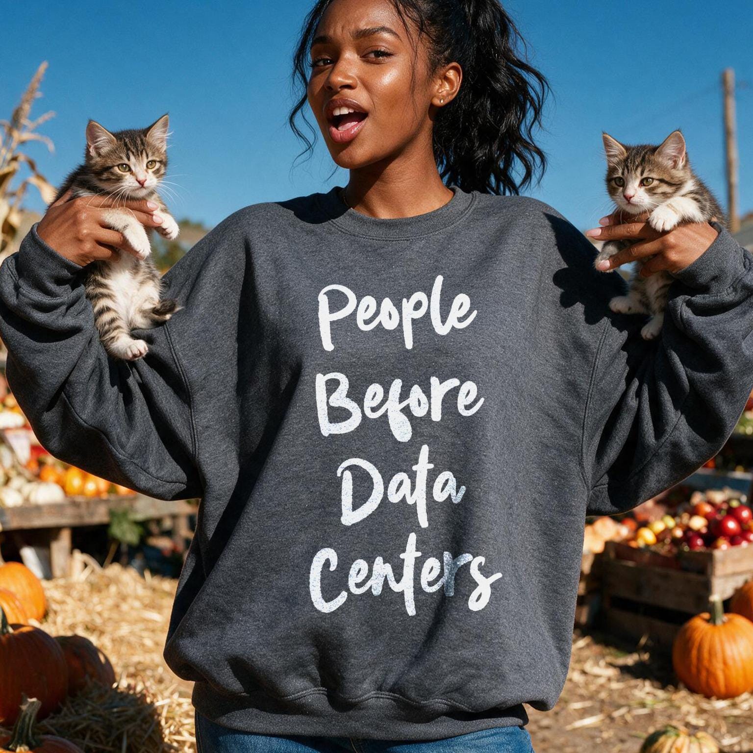Woman wearing dark grey sweatshirt with white text &amp;quot;People Before Data Centers&amp;quot; holds two kittens.
