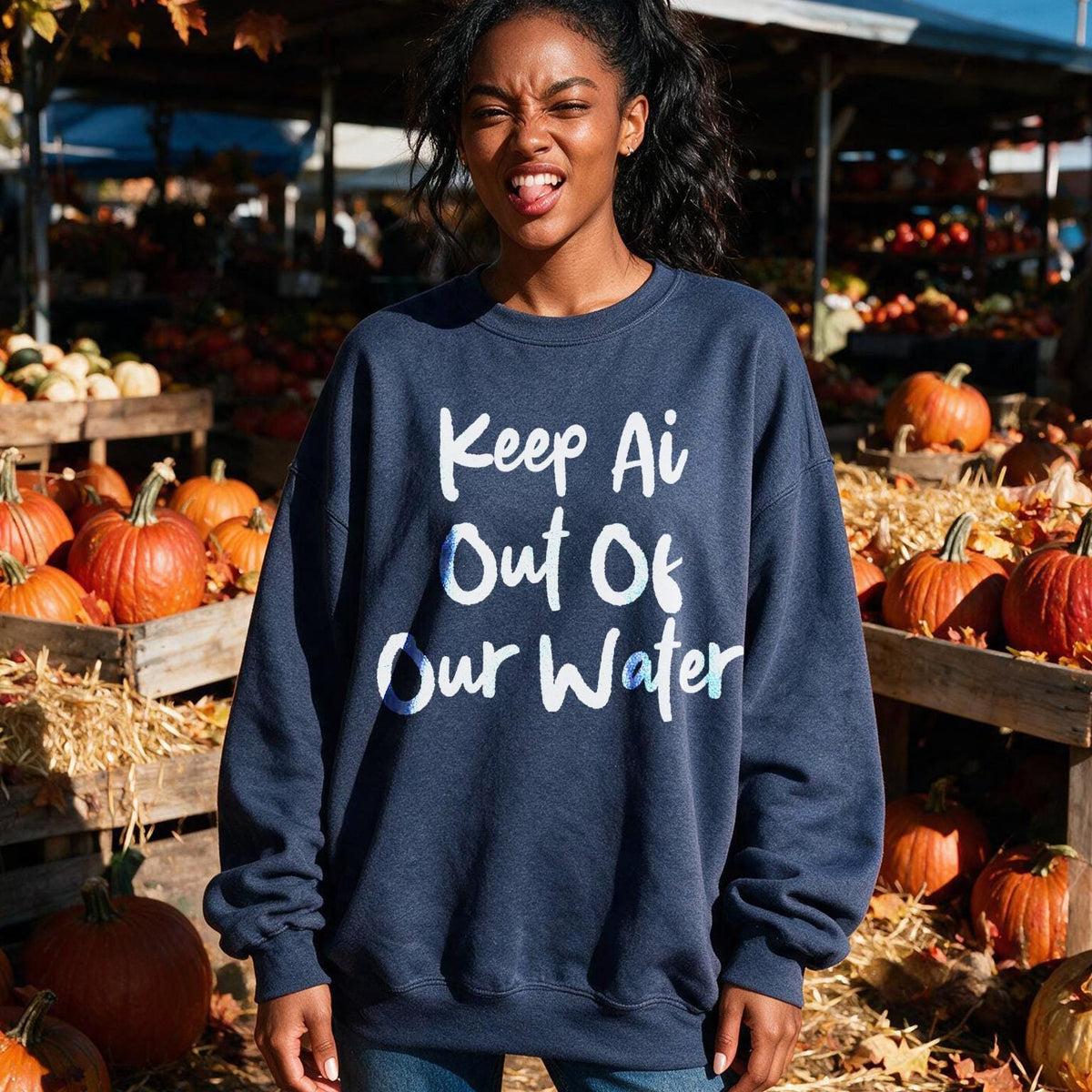 Navy sweatshirt with &amp;quot;Keep Ai Out Of Our Water&amp;quot; text, at a pumpkin patch.