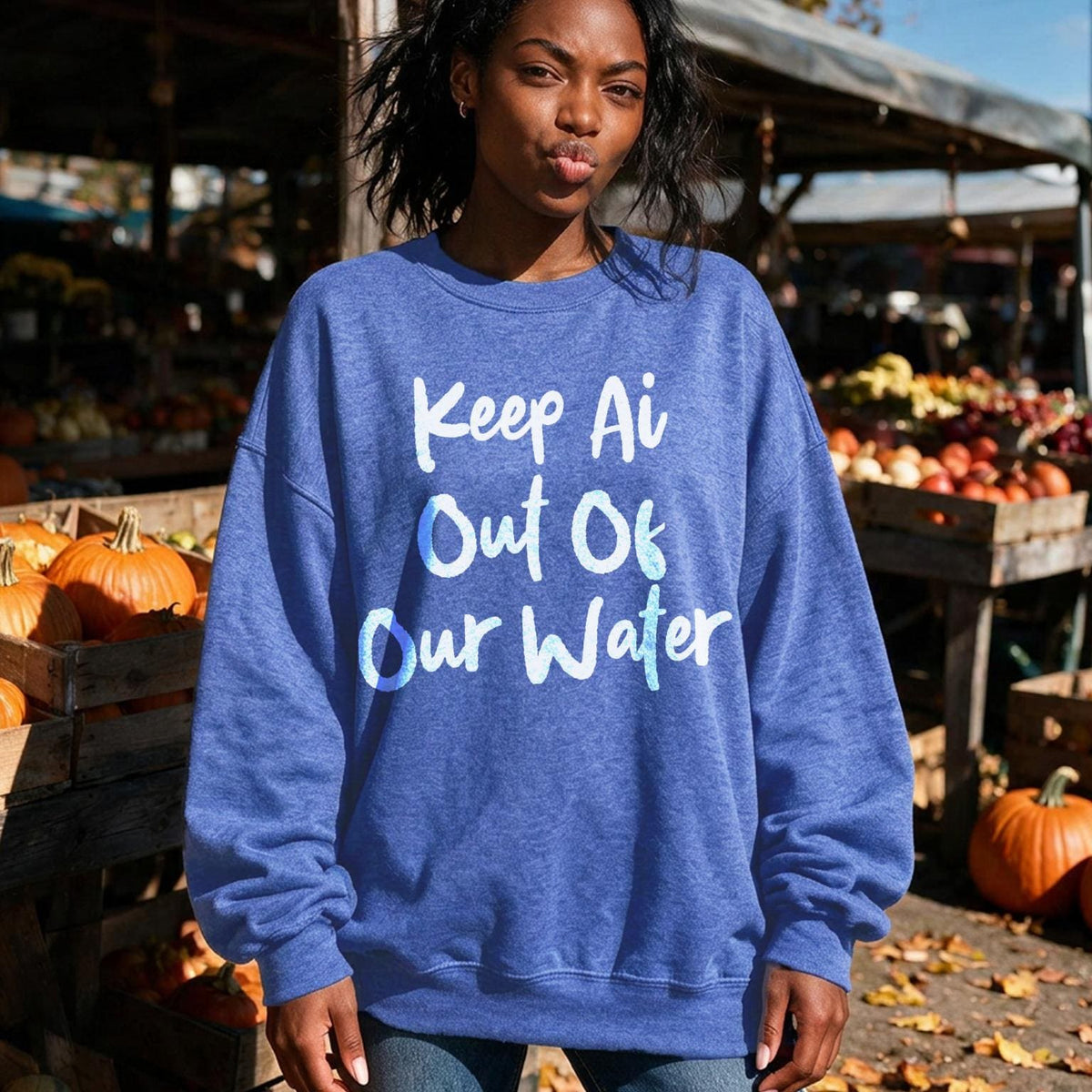 Blue sweatshirt with &amp;quot;Keep Ai Out Of Our Water&amp;quot; text, in front of pumpkin stand.