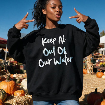Black sweatshirt with &amp;quot;Keep Ai Out Of Our Water&amp;quot; text, woman posing with peace signs.