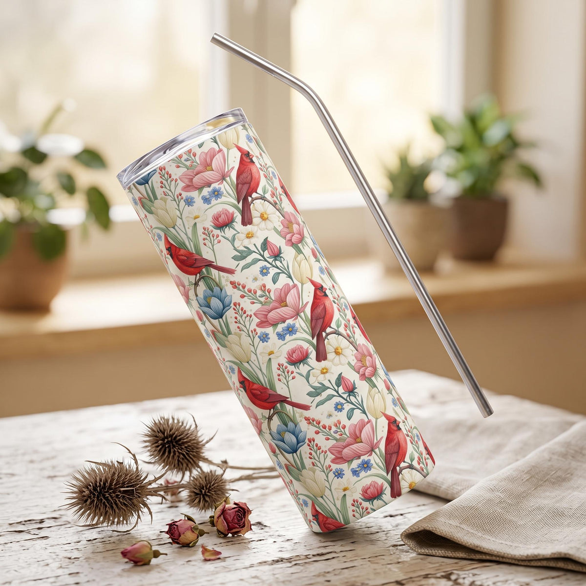 Subtle Anti Trump Cardinal Floral 20 oz Insulated Tumbler, Hidden F Trump Design, Skinny or Tapered Travel Cup