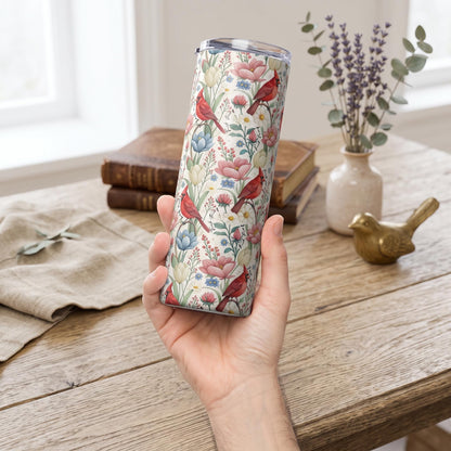 Subtle Anti Trump Cardinal Floral 20 oz Insulated Tumbler, Hidden F Trump Design, Skinny or Tapered Travel Cup