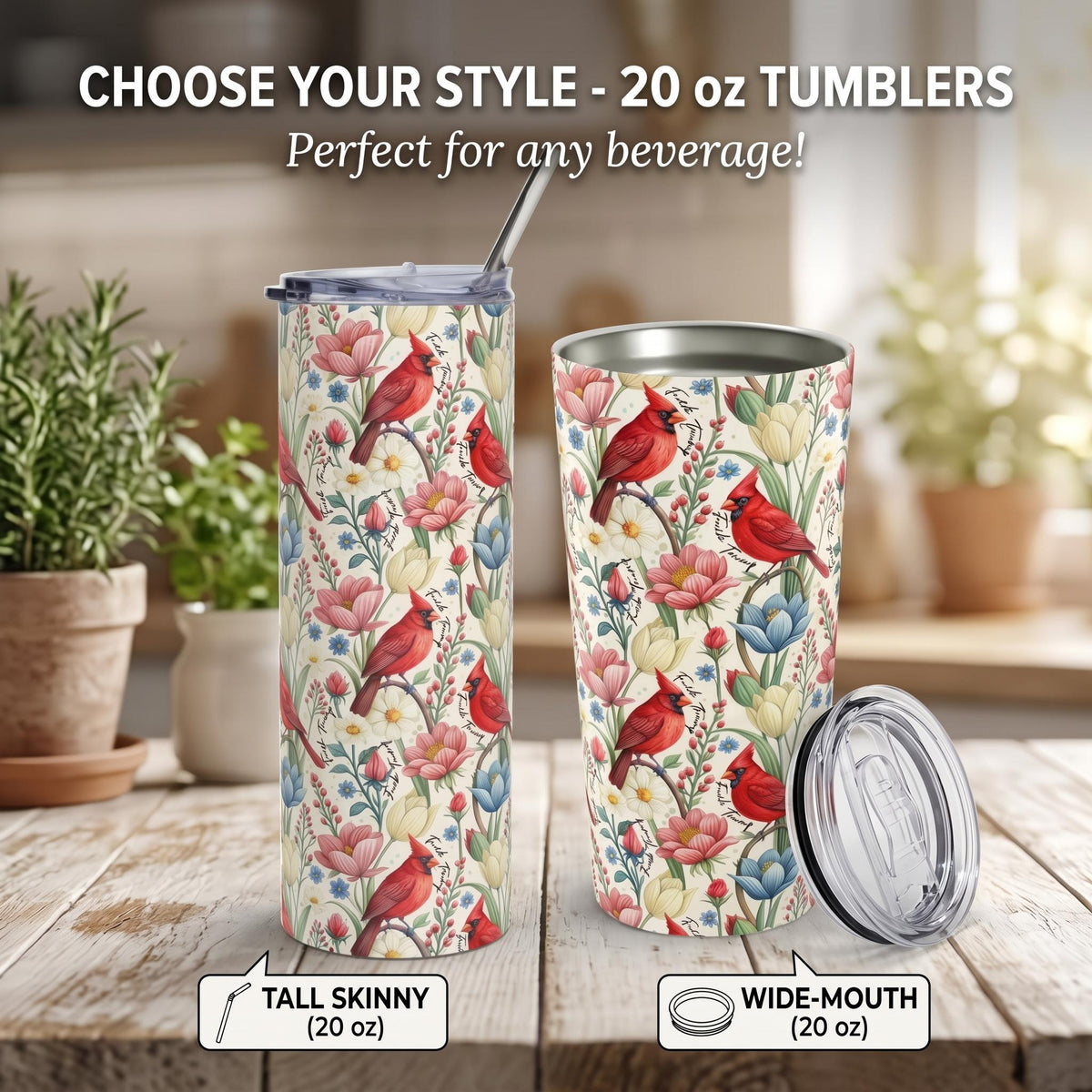 Subtle Anti Trump Cardinal Floral 20 oz Insulated Tumbler, Hidden F Trump Design, Skinny or Tapered Travel Cup