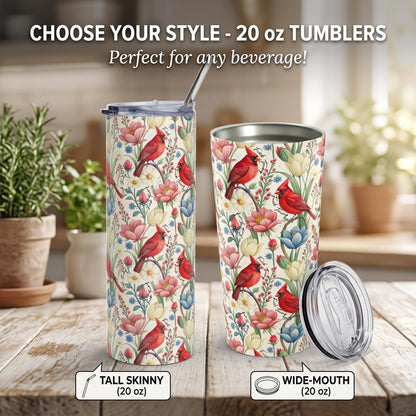 Subtle Anti Trump Cardinal Floral 20 oz Insulated Tumbler, Hidden F Trump Design, Skinny or Tapered Travel Cup