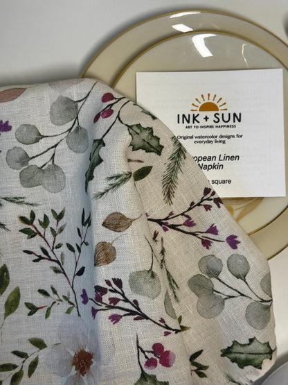 Winter Floral Napkin – Natural Linen Napkin – Holiday Botanical Table Decor