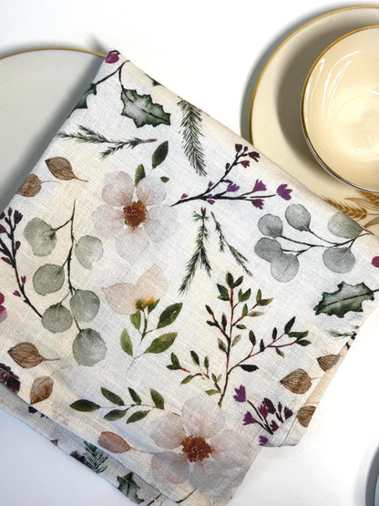 Winter Floral Napkin – Natural Linen Napkin – Holiday Botanical Table Decor