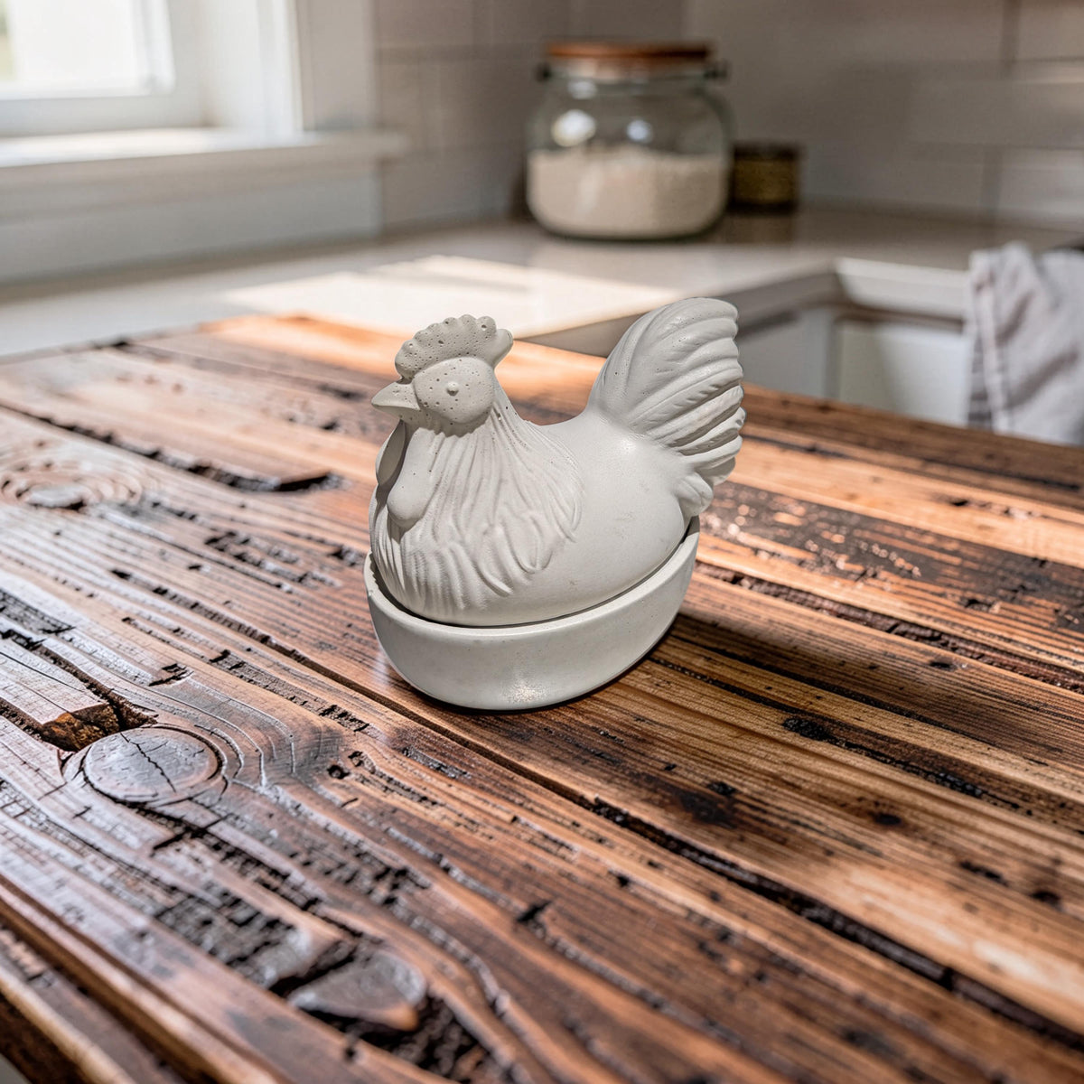 Concrete Chicken Jar with Lid | Hen on Nest Trinket Box | Farmhouse Salt Cellar &amp; Jewelry Dish | Modern Rustic Kitchen Decor