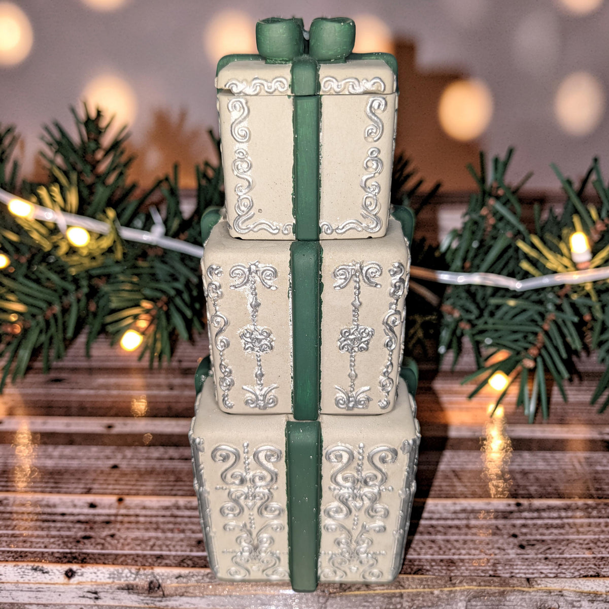 Concrete Stacked Present Tower Set (4-Piece) | Christmas Gift Box Candle Vessels | DIY Holiday Craft &amp; Mantle Decor | Concrete Trinket Boxes