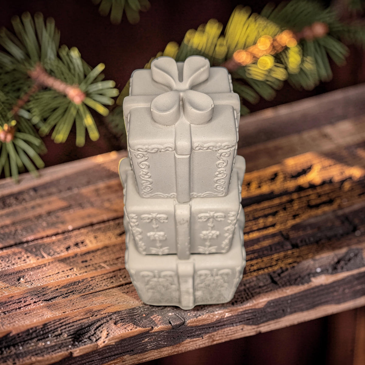 Concrete Stacked Present Tower Set (4-Piece) | Christmas Gift Box Candle Vessels | DIY Holiday Craft &amp; Mantle Decor | Concrete Trinket Boxes