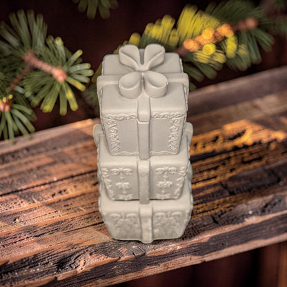 Concrete Stacked Present Tower Set (4-Piece) | Christmas Gift Box Candle Vessels | DIY Holiday Craft &amp; Mantle Decor | Concrete Trinket Boxes