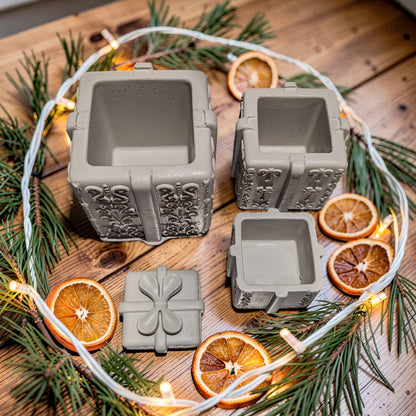 Concrete Stacked Present Tower Set (4-Piece) | Christmas Gift Box Candle Vessels | DIY Holiday Craft &amp; Mantle Decor | Concrete Trinket Boxes