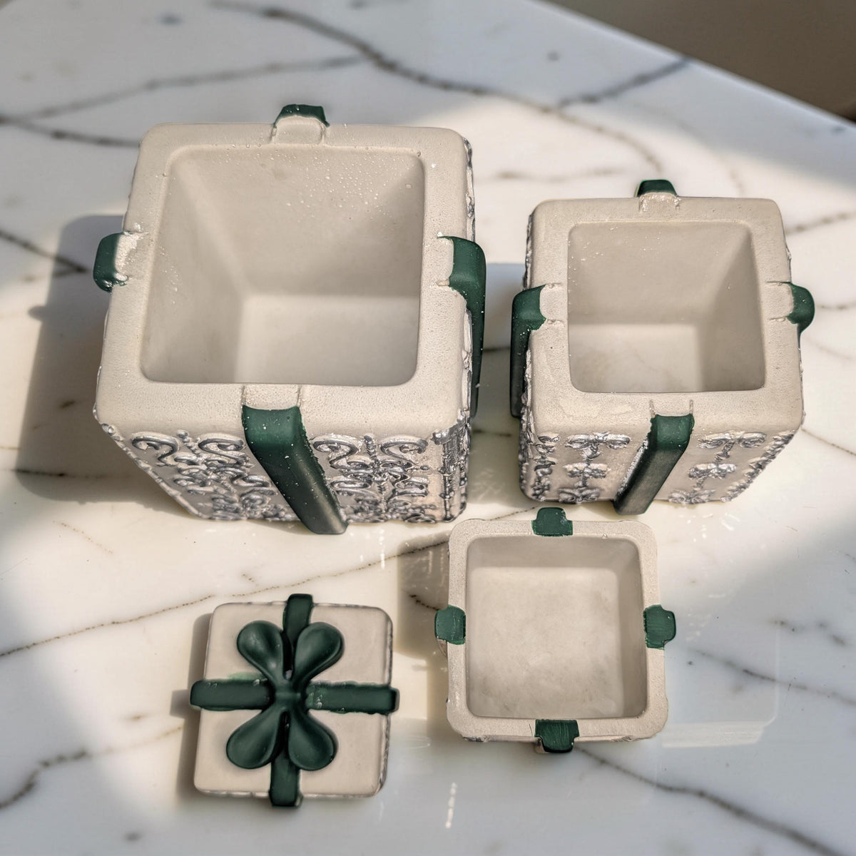 Concrete Stacked Present Tower Set (4-Piece) | Christmas Gift Box Candle Vessels | DIY Holiday Craft &amp; Mantle Decor | Concrete Trinket Boxes