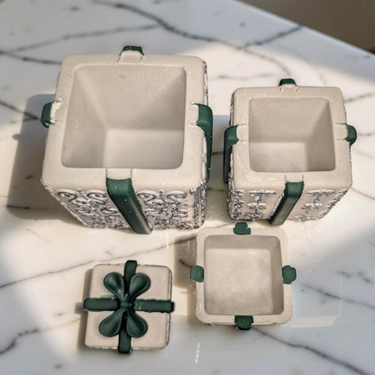 Concrete Stacked Present Tower Set (4-Piece) | Christmas Gift Box Candle Vessels | DIY Holiday Craft &amp; Mantle Decor | Concrete Trinket Boxes