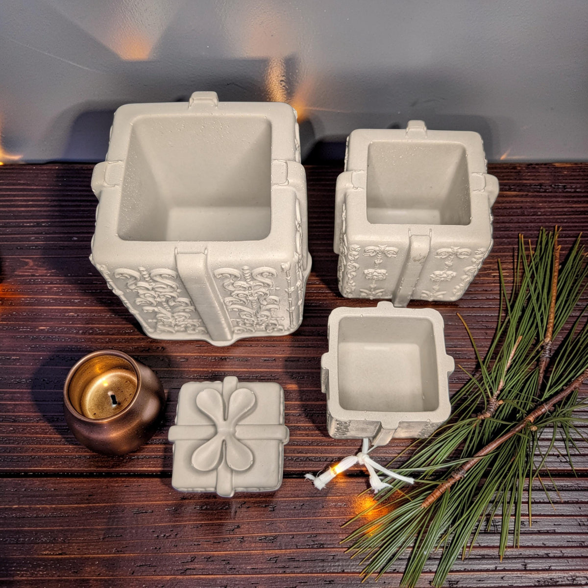 Concrete Stacked Present Tower Set (4-Piece) | Christmas Gift Box Candle Vessels | DIY Holiday Craft &amp; Mantle Decor | Concrete Trinket Boxes