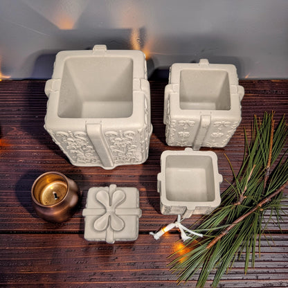 Concrete Stacked Present Tower Set (4-Piece) | Christmas Gift Box Candle Vessels | DIY Holiday Craft &amp; Mantle Decor | Concrete Trinket Boxes