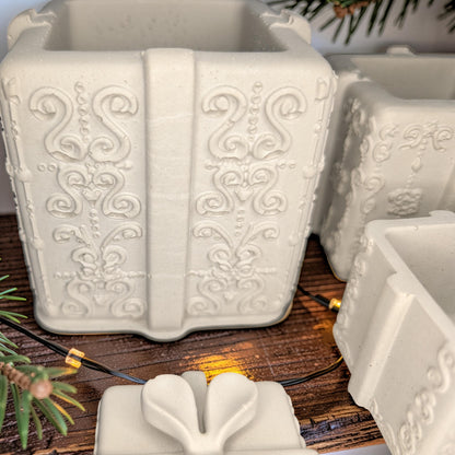 Concrete Stacked Present Tower Set (4-Piece) | Christmas Gift Box Candle Vessels | DIY Holiday Craft &amp; Mantle Decor | Concrete Trinket Boxes