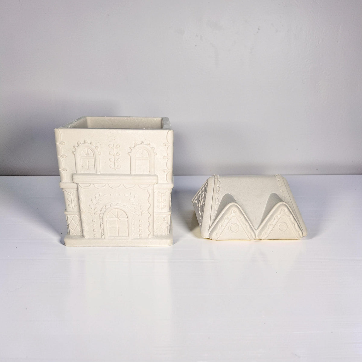 Concrete Gingerbread House Jar with Lid | Christmas Village Trinket Box &amp; Candle Vessel | Holiday Mantle Decor | DIY Winter Craft Jar