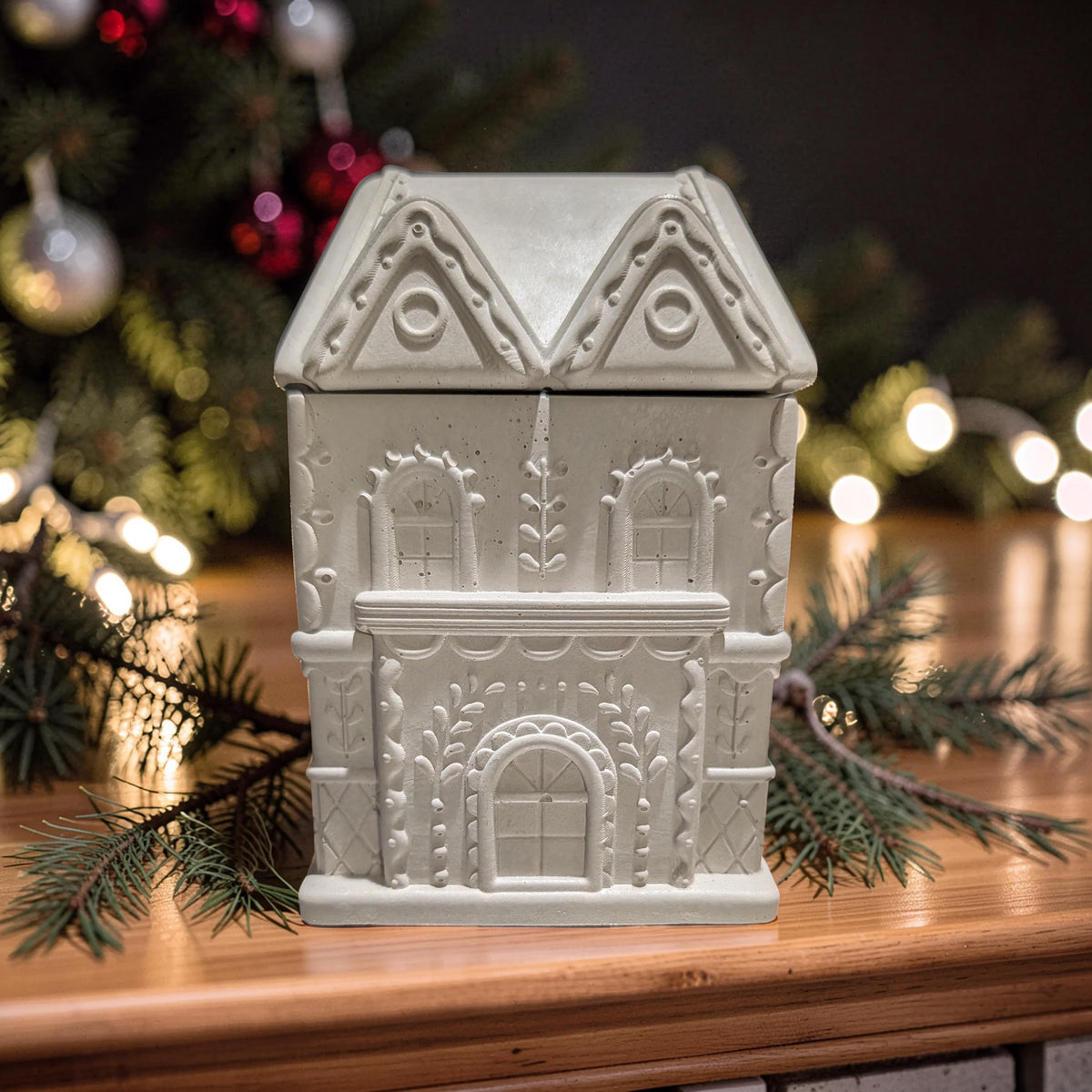 Concrete Gingerbread House Jar with Lid | Christmas Village Trinket Box &amp; Candle Vessel | Holiday Mantle Decor | DIY Winter Craft Jar