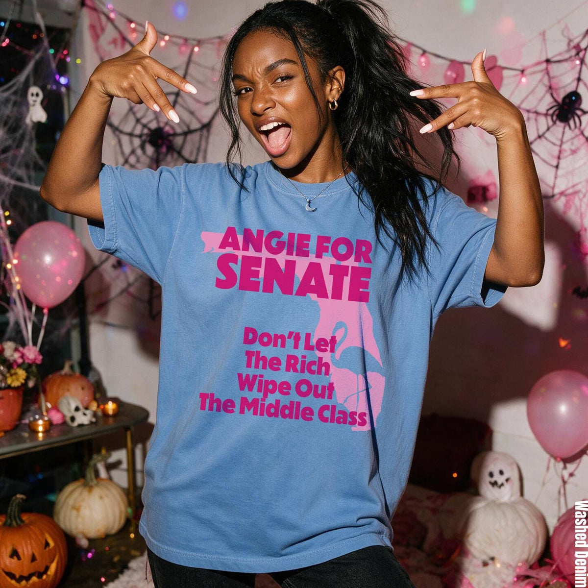 Blue t-shirt with pink text &amp;quot;ANGIE FOR SENATE&amp;quot; and flamingo graphic.