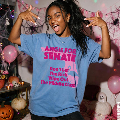 Blue t-shirt with pink text &amp;quot;ANGIE FOR SENATE&amp;quot; and flamingo graphic.