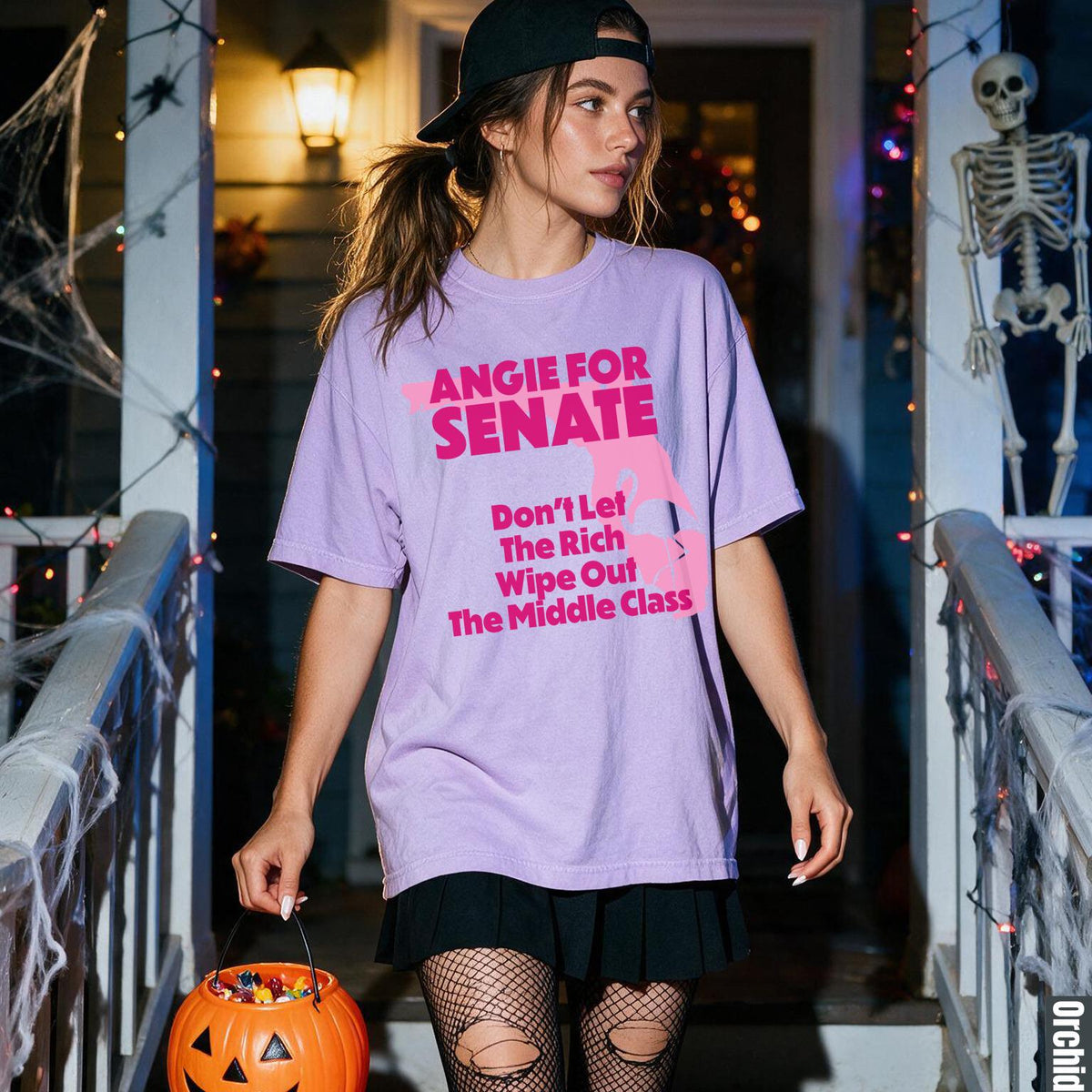 Lavender t-shirt with &amp;quot;Angie for Senate&amp;quot; text and Halloween decorations.