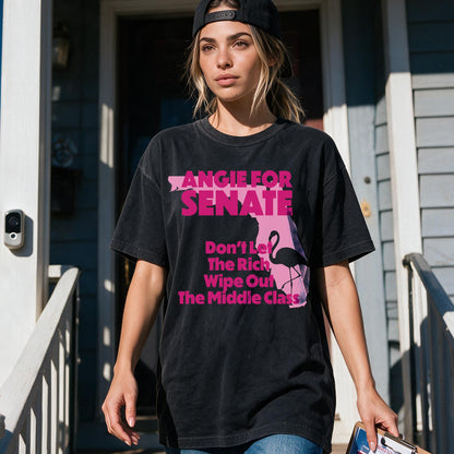Black t-shirt with pink text: Angie for Senate. Don&amp;