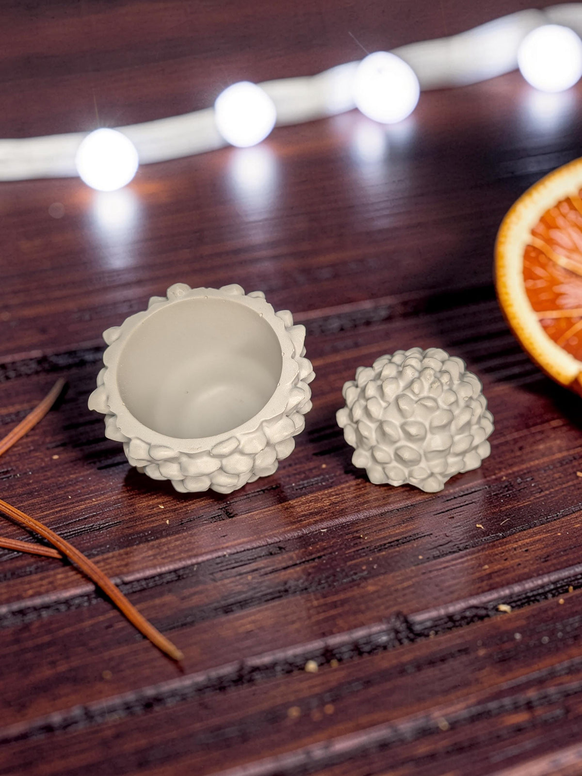Concrete Pinecone Jar with Lid | Woodland Trinket Box &amp; Candle Vessel | Rustic Winter Mantle Decor | Modern Nature Inspired Christmas Decor