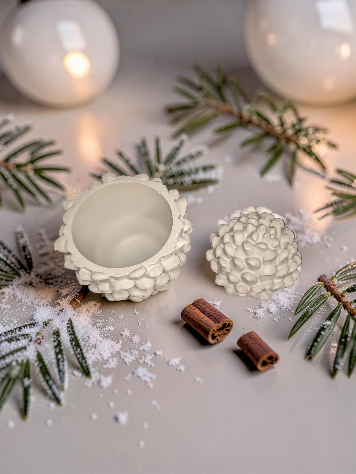 Concrete Pinecone Jar with Lid | Woodland Trinket Box &amp; Candle Vessel | Rustic Winter Mantle Decor | Modern Nature Inspired Christmas Decor