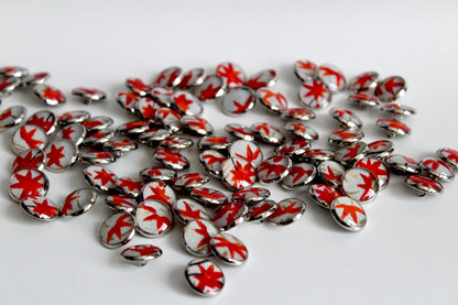 Small Round Buttons - Red Maple Leaves on Pale Blue - 12mm