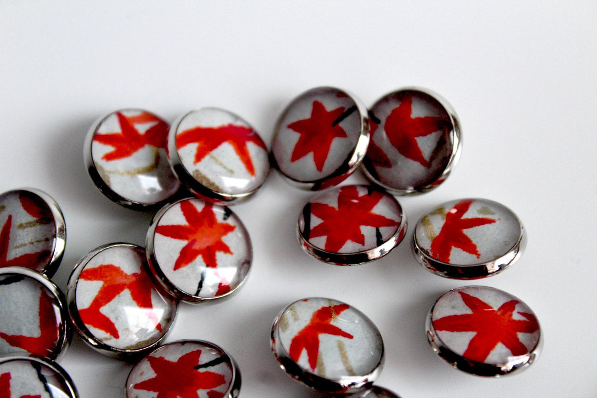 Small Round Buttons - Red Maple Leaves on Pale Blue - 12mm