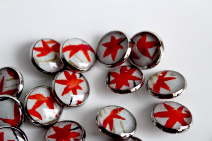 Small Round Buttons - Red Maple Leaves on Pale Blue - 12mm