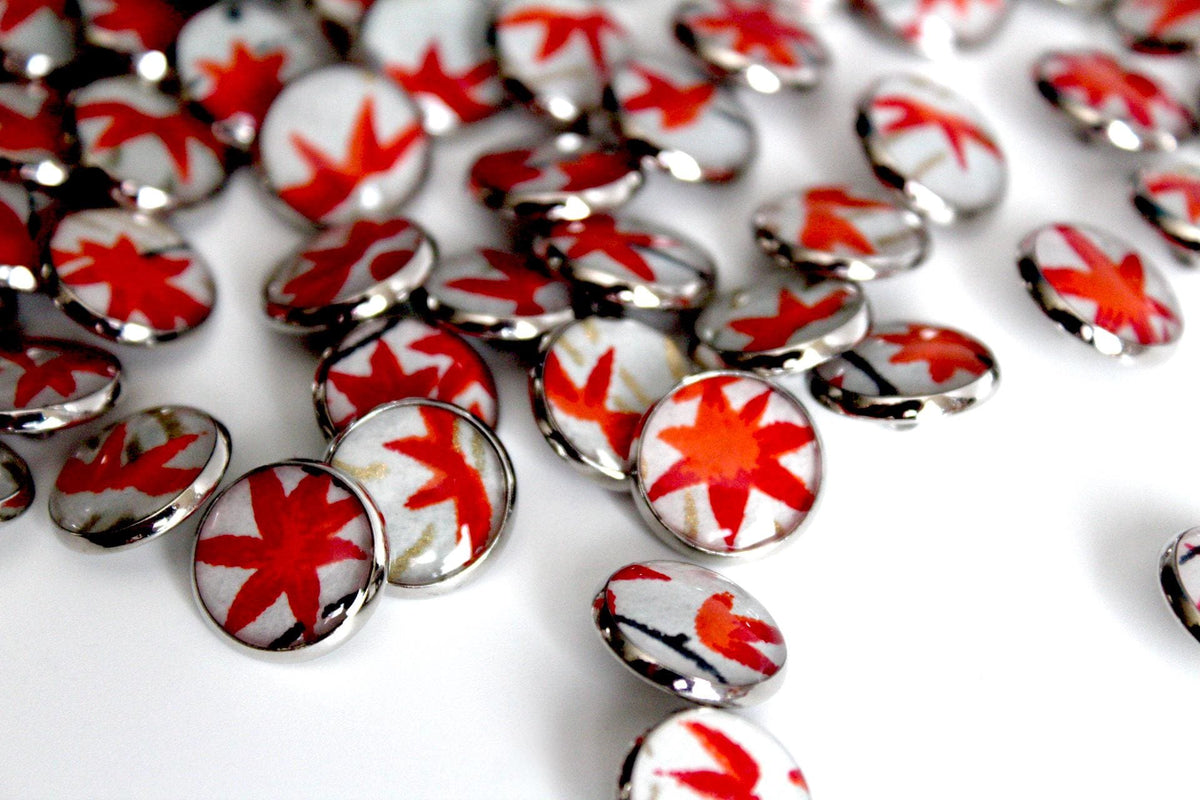Small Round Buttons - Red Maple Leaves on Pale Blue - 12mm