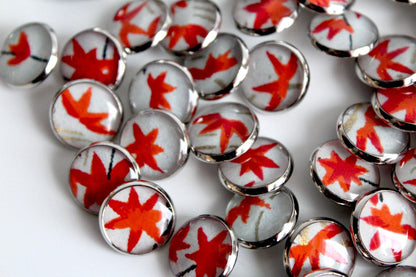 Small Round Buttons - Red Maple Leaves on Pale Blue - 12mm