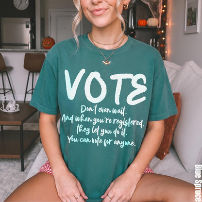 Green t-shirt with &amp;quot;VOTE&amp;quot; and &amp;quot;Don&amp;