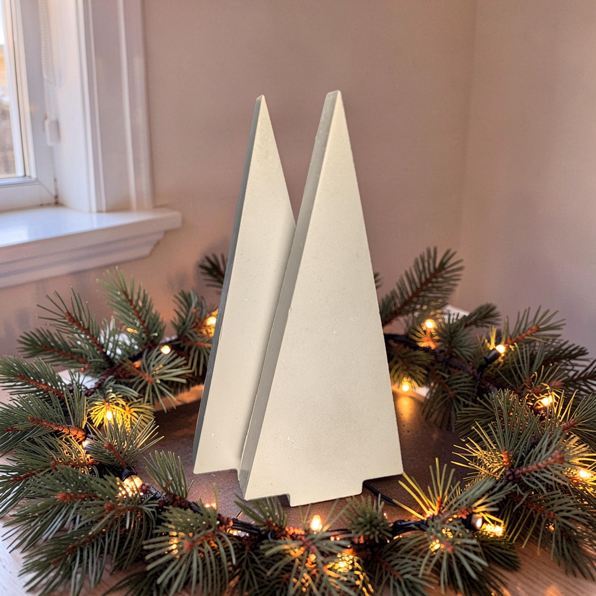 Modern Concrete Christmas Tree Decor, 9&amp;quot; Minimalist Neutral Holiday Tree Figurine, Brutalist Winter Mantel &amp; Shelf Decor