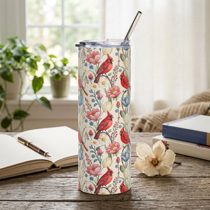 Subtle Anti Trump Cardinal Floral 20 oz Insulated Tumbler, Hidden F Trump Design, Skinny or Tapered Travel Cup