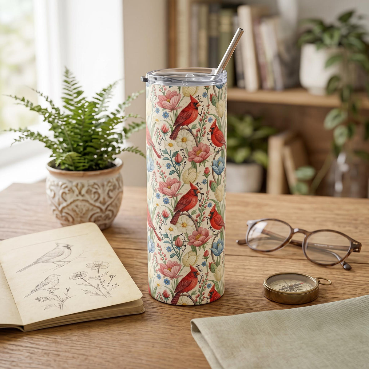 Subtle Anti Trump Cardinal Floral 20 oz Insulated Tumbler, Hidden F Trump Design, Skinny or Tapered Travel Cup