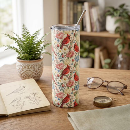 Subtle Anti Trump Cardinal Floral 20 oz Insulated Tumbler, Hidden F Trump Design, Skinny or Tapered Travel Cup