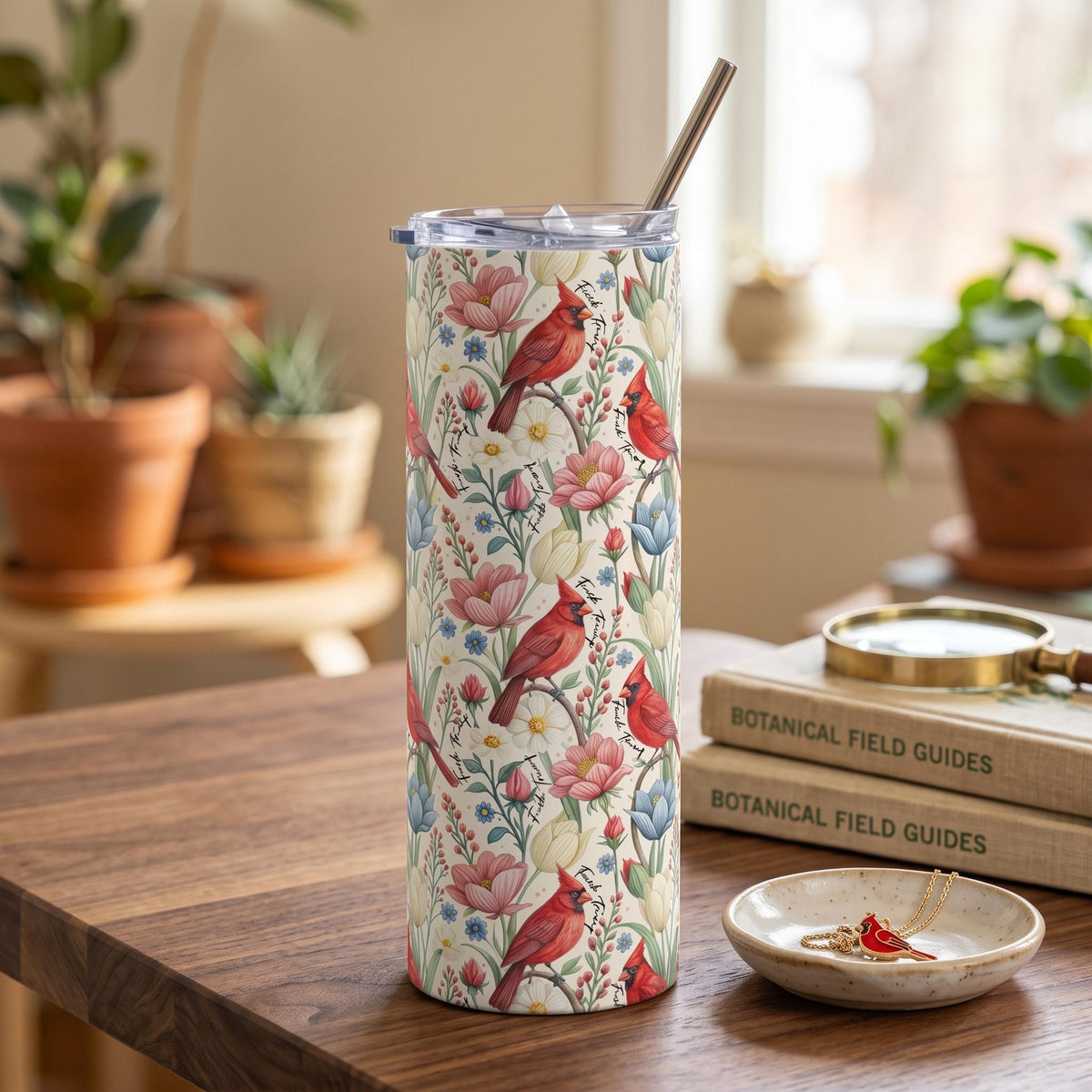 Subtle Anti Trump Cardinal Floral 20 oz Insulated Tumbler, Hidden F Trump Design, Skinny or Tapered Travel Cup