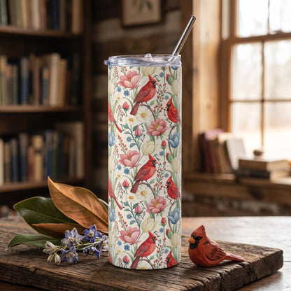 Subtle Anti Trump Cardinal Floral 20 oz Insulated Tumbler, Hidden F Trump Design, Skinny or Tapered Travel Cup
