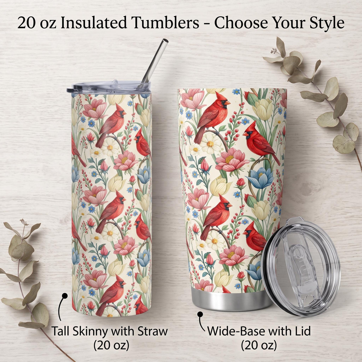 Subtle Anti Trump Cardinal Floral 20 oz Insulated Tumbler, Hidden F Trump Design, Skinny or Tapered Travel Cup