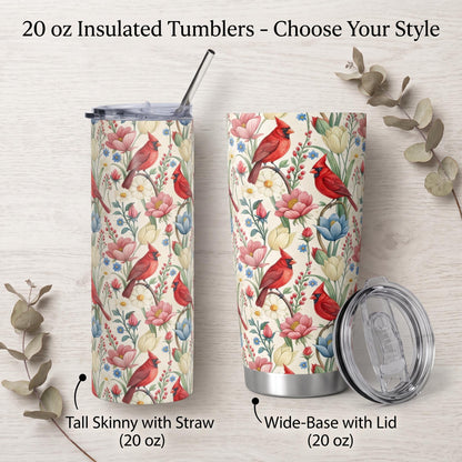 Subtle Anti Trump Cardinal Floral 20 oz Insulated Tumbler, Hidden F Trump Design, Skinny or Tapered Travel Cup