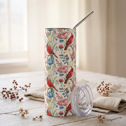Subtle Anti Trump Cardinal Floral 20 oz Insulated Tumbler, Hidden F Trump Design, Skinny or Tapered Travel Cup