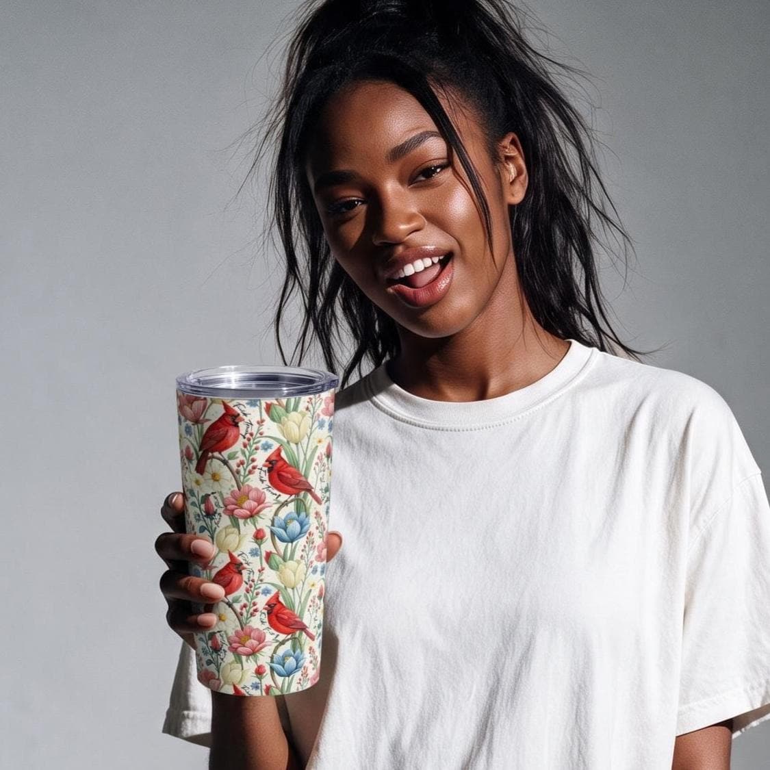 Subtle Anti Trump Cardinal Floral 20 oz Insulated Tumbler, Hidden F Trump Design, Skinny or Tapered Travel Cup