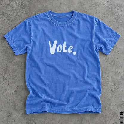 Blue t-shirt with white &amp;quot;Vote.&amp;quot; graphic, Flo Blue color.